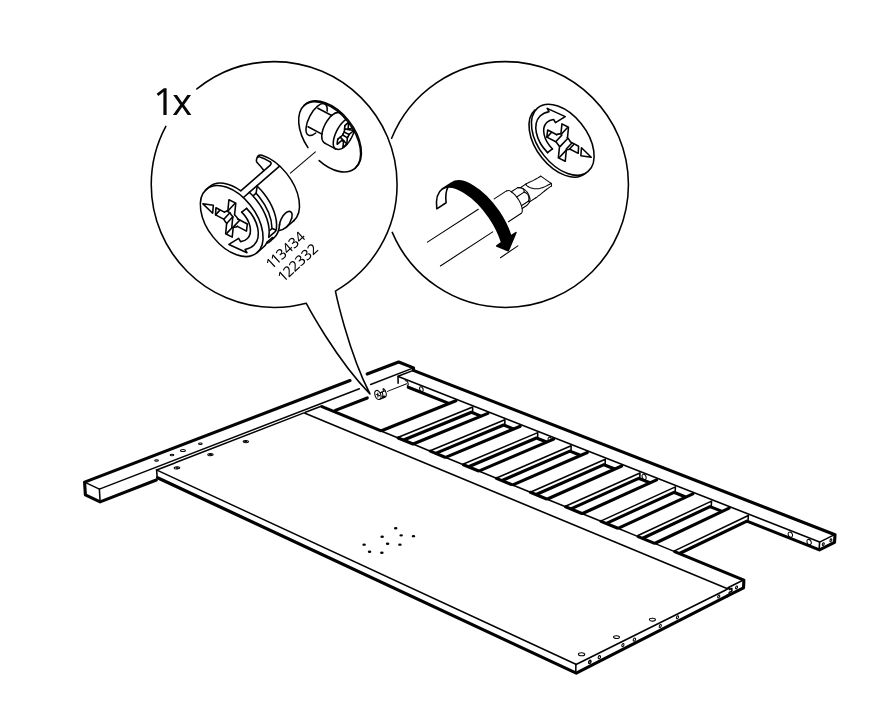 Diagram for step 6: Insert one cam lock fitting into the predrilled hole and turn it with a screwdriver to lock it in place.