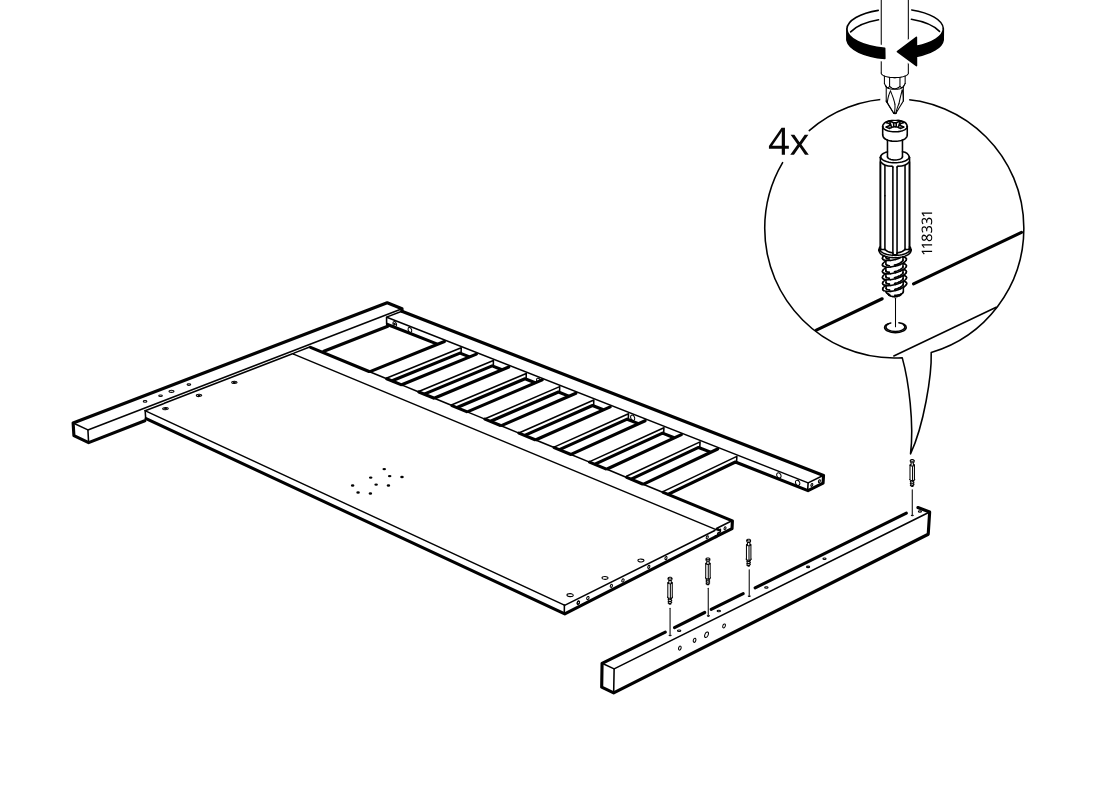 Diagram for step 7: Position the long rail and screw in four threaded fasteners into the marked holes using a screwdriver.