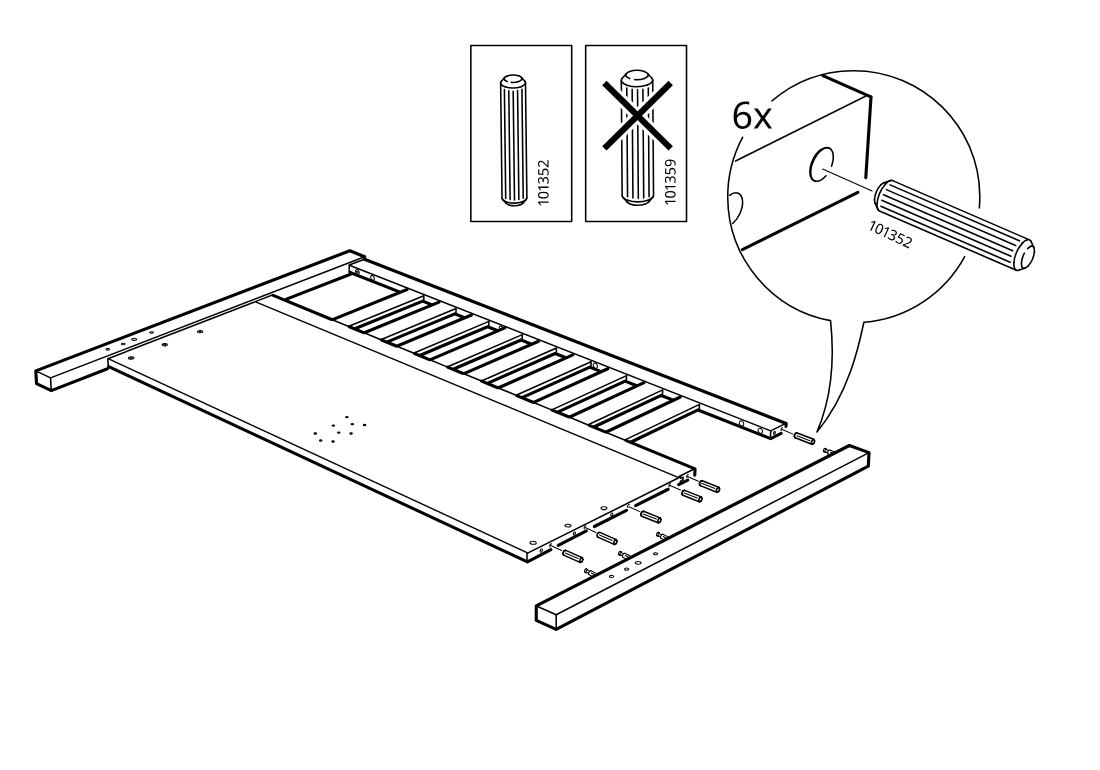 Diagram for step 8: Six dowels 101352 are inserted into the specified holes, with a callout indicating not to use dowel 101359.