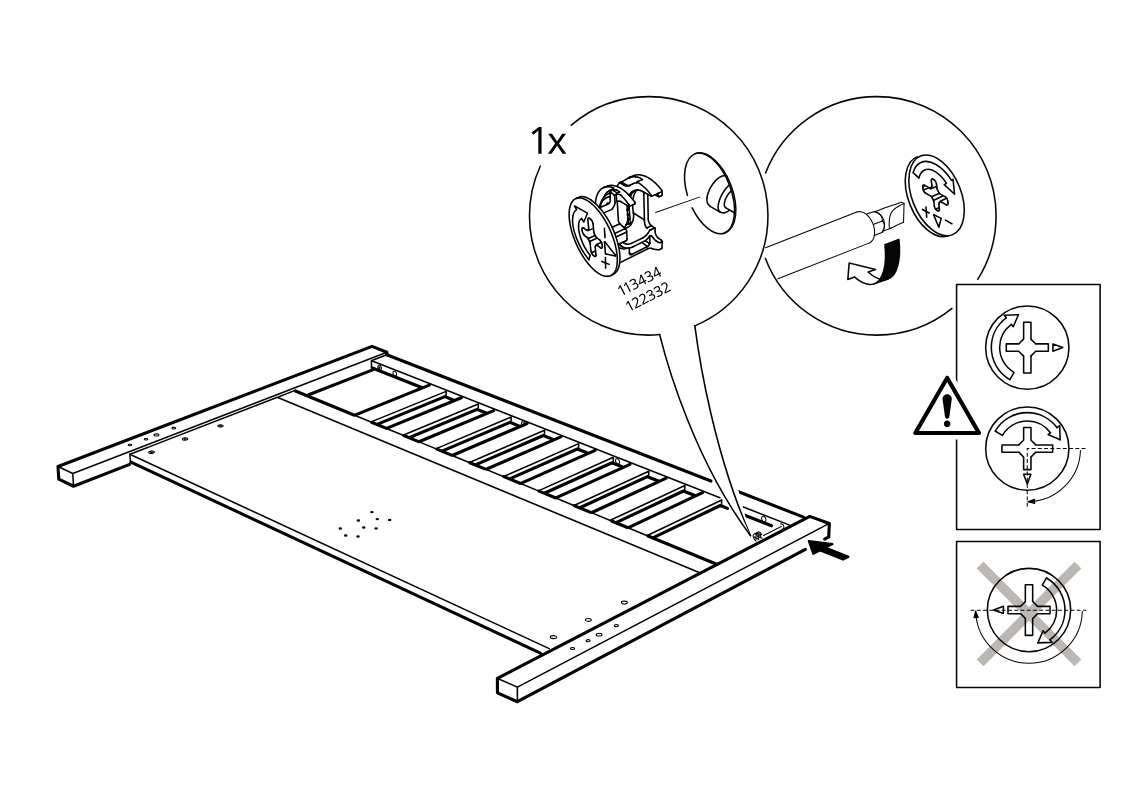 Diagram for step 9: One cam lock assembly (113434/122332) is inserted and turned to lock, with side caution diagrams showing correct and incorrect cam orientation.