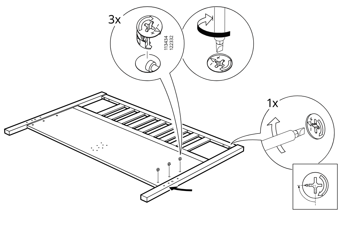 Diagram for step 10: The panel frame is positioned and three cam locks are inserted and turned with a screwdriver to secure the side rail, with a close-up showing the correct cam orientation.