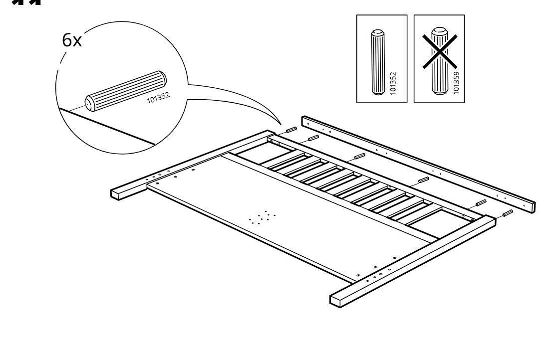 Diagram for step 11: Six wooden dowels 101352 are inserted into the long rail, while a comparison box indicates not to use dowel 101359.