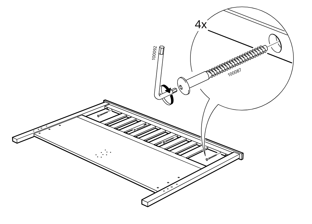 Diagram for step 12: The panel/frame assembly is fastened with four screws (100087) tightened using the hex key (100092), as shown in the zoomed inset.