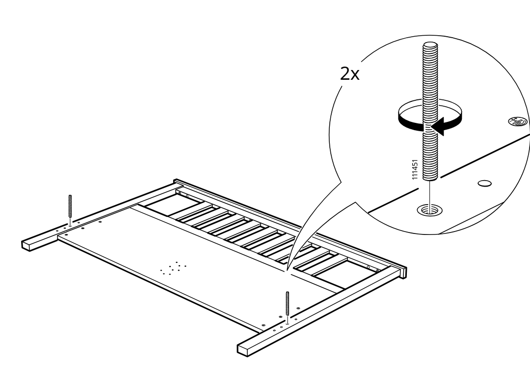Diagram for step 13: Two threaded studs (111451) are screwed into the indicated inserts on the frame, with the zoomed inset showing the turning direction.