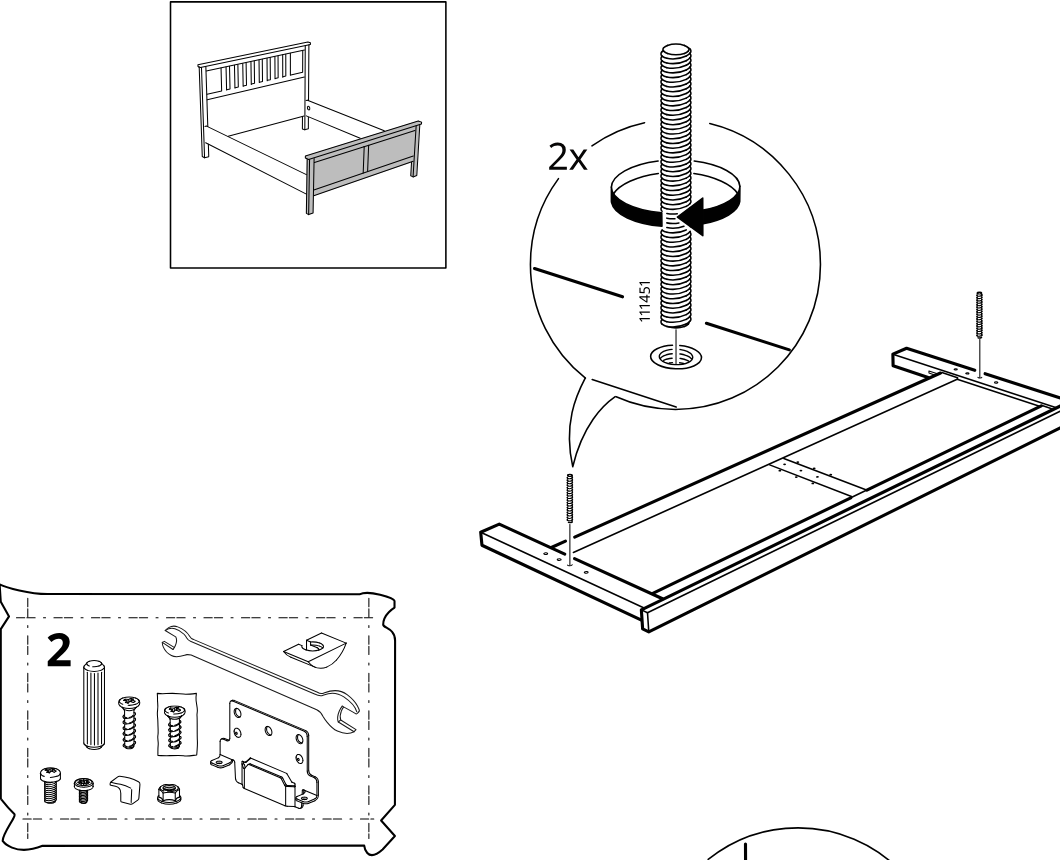 Diagram for step 14: Two threaded rods (111451) are screwed into the predrilled holes at the ends of the long side frame panel.