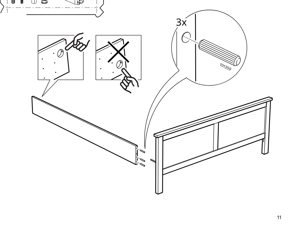 Diagram for step 15: Three dowels (101359) are inserted into the headboard side while aligning the mating side panel in the correct orientation.