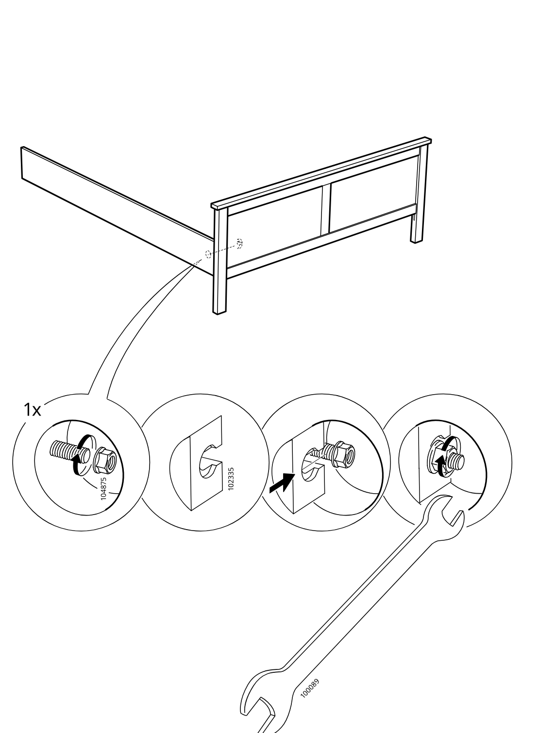 Diagram for step 16: Attach the side panel to the frame with one bolt and nut, then tighten it using the wrench as shown in the zoom sequence.
