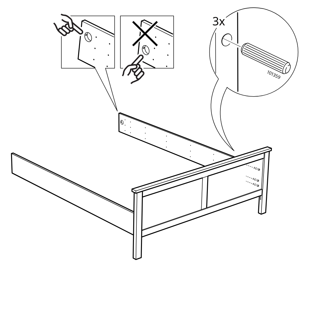Diagram for step 17: Insert three 101359 wooden dowels into the side panel and orient the panel correctly before positioning it onto the bed frame.