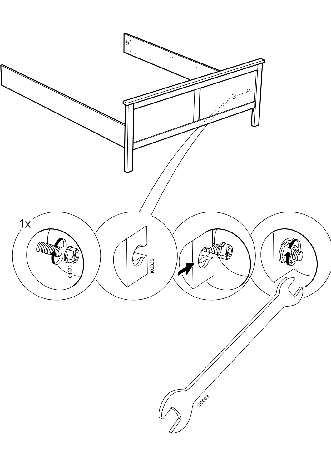 Diagram for step 18: The side rail is secured to the headboard with one bolt-and-nut fastener, then tightened using the included wrench as shown in the zoom sequence.