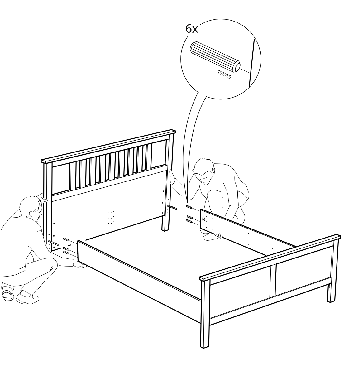 Diagram for step 19: Two people align the long side panel between the bed frame ends and insert six wooden dowels into the side joints before fastening.