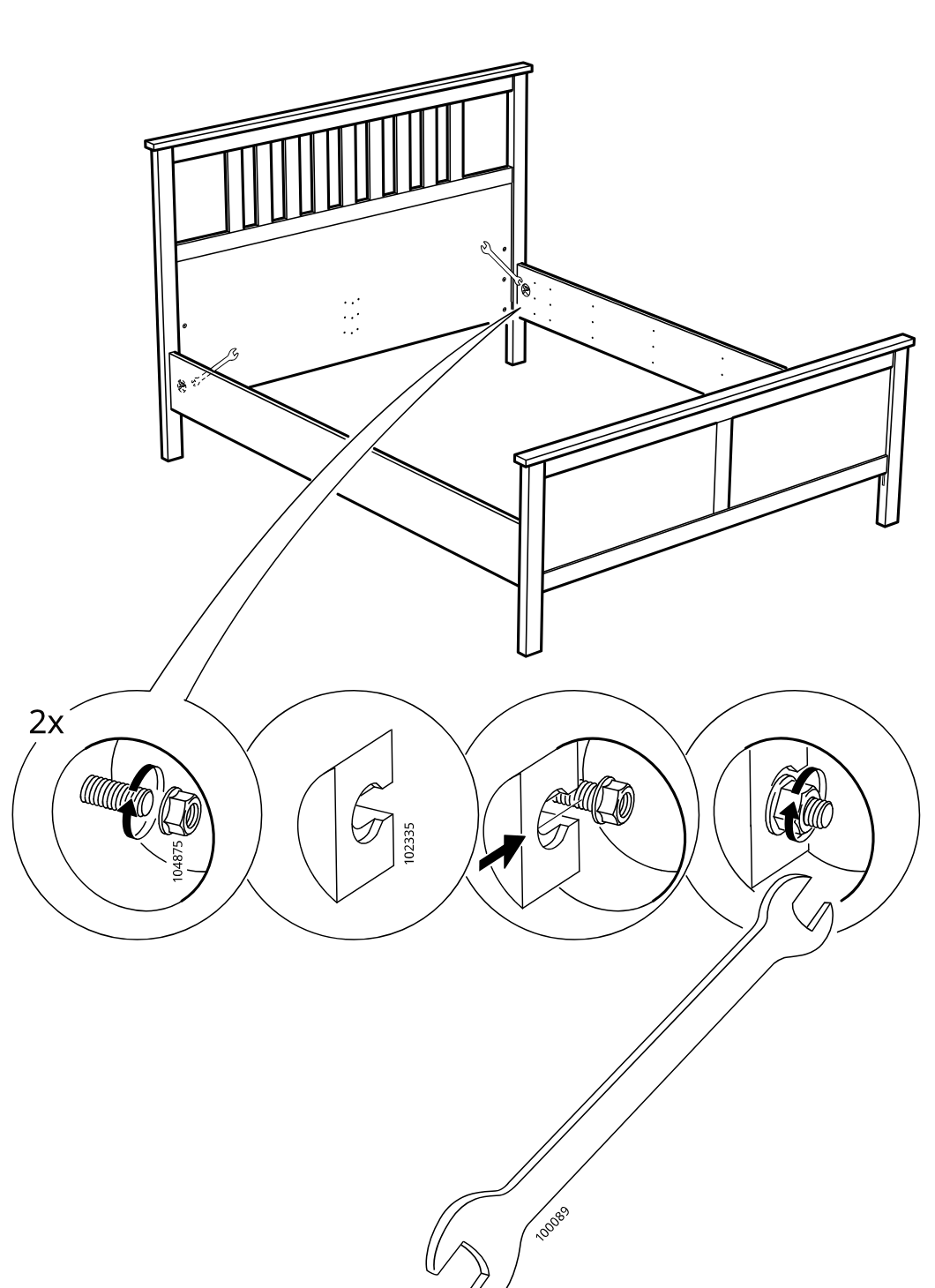 Diagram for step 20: The side rails are secured to the headboard and footboard with two bolt-and-nut fasteners, using the included wrench while aligning the fittings as shown in the zoom callouts.