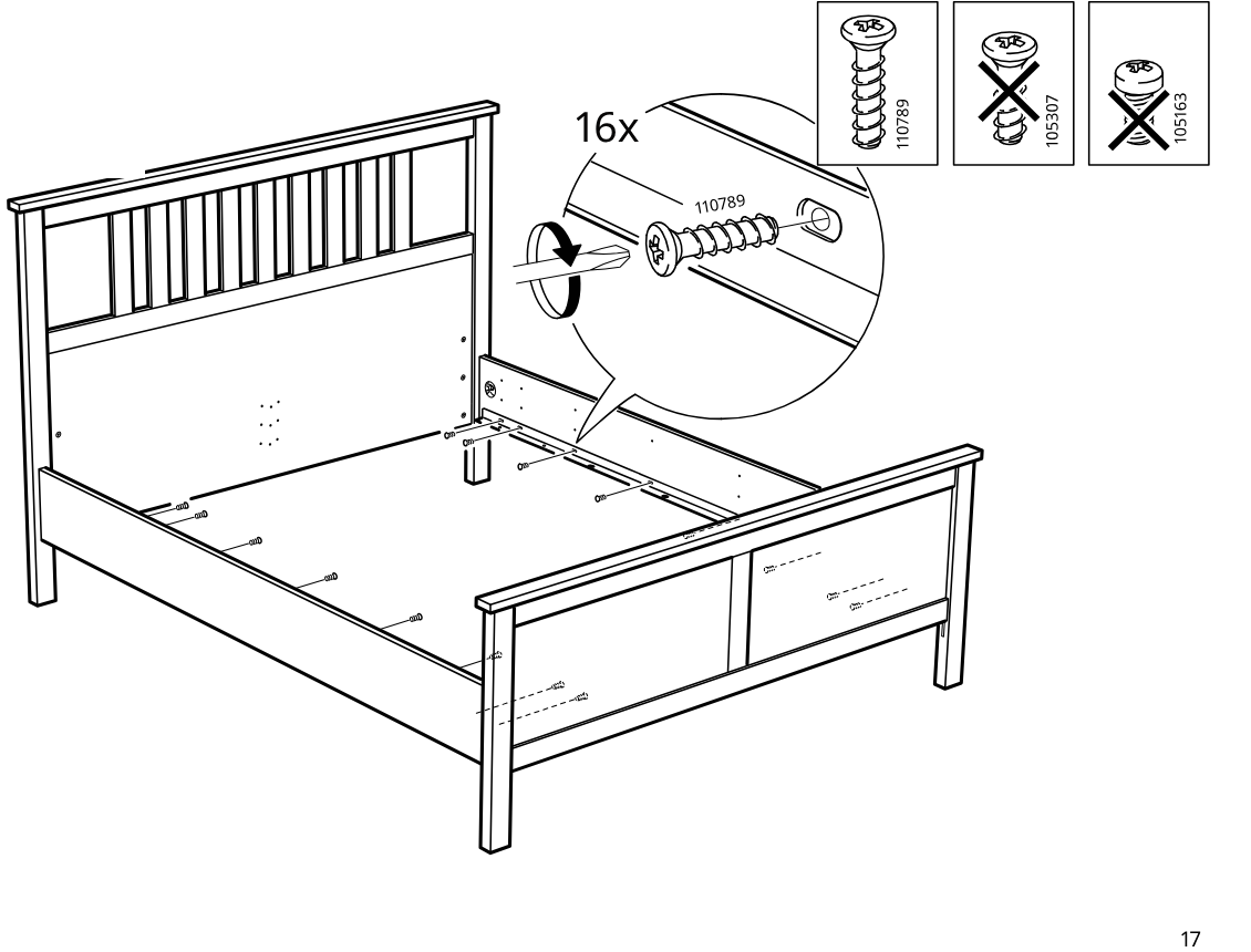 Diagram for step 21: The side rails are fixed to the headboard and footboard with 16 screws (110789) using a screwdriver, while the callout indicates the correct screw type and excludes two incorrect screws.
