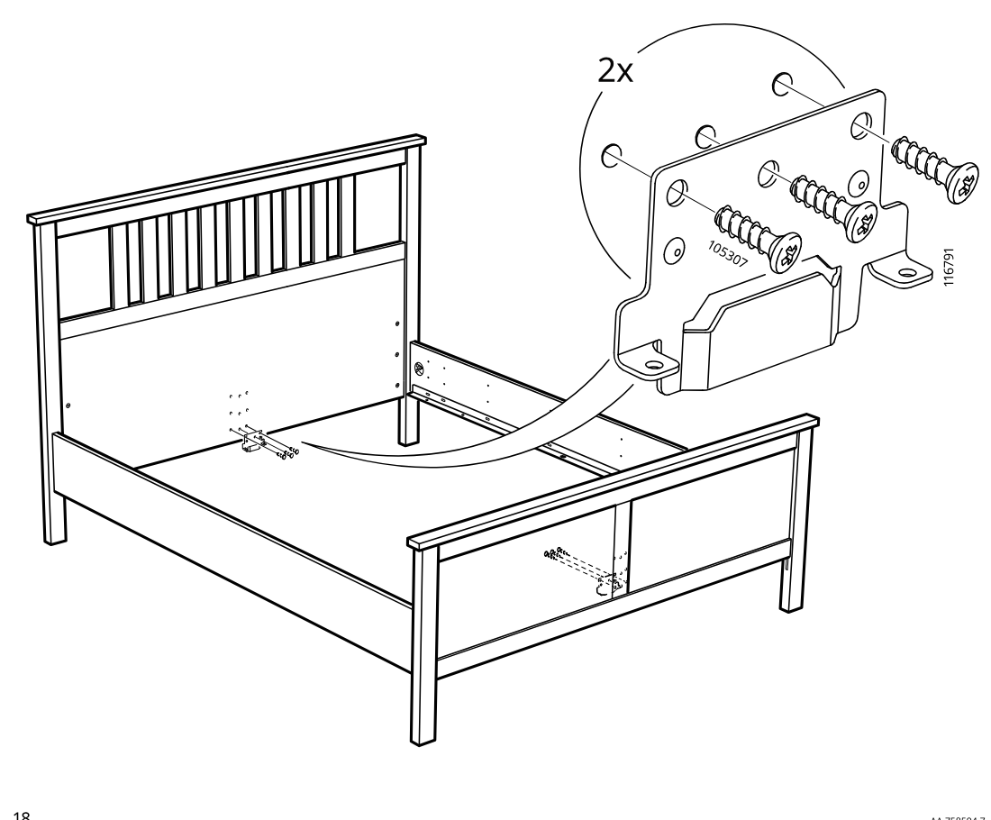 Diagram for step 22: Attach two brackets to the bed frame using screws, as shown in the enlarged callout, with mirrored installation points on the frame.