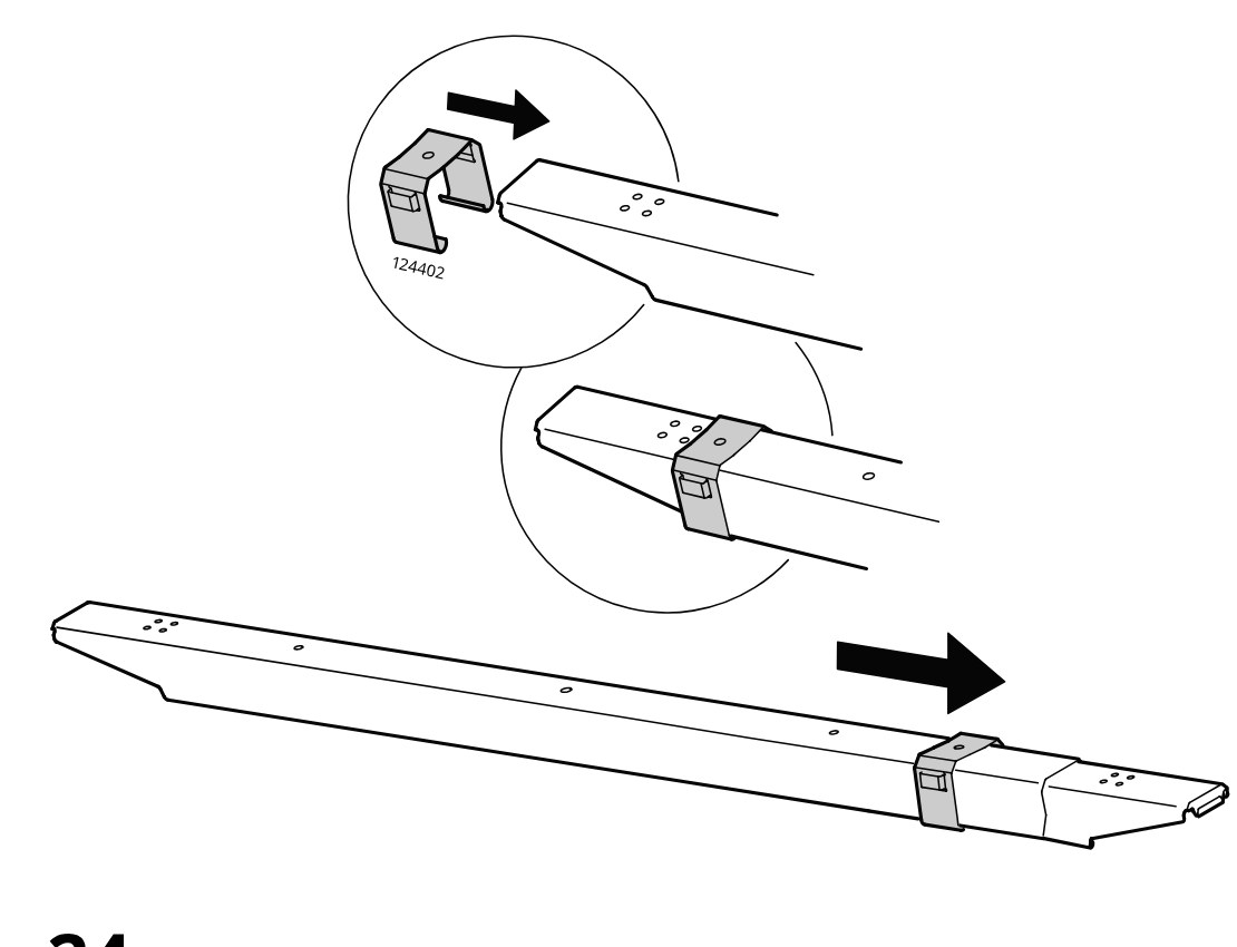 Diagram for step 23: Attach the metal clip part 124402 onto the long side rail and slide it into position near the rail end.