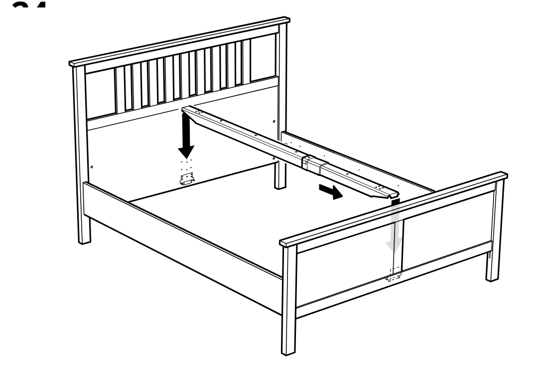 Diagram for step 24: Place the prepared side rail into the bed frame, lowering one end into the rear bracket and then aligning and lowering the front end into its slot.