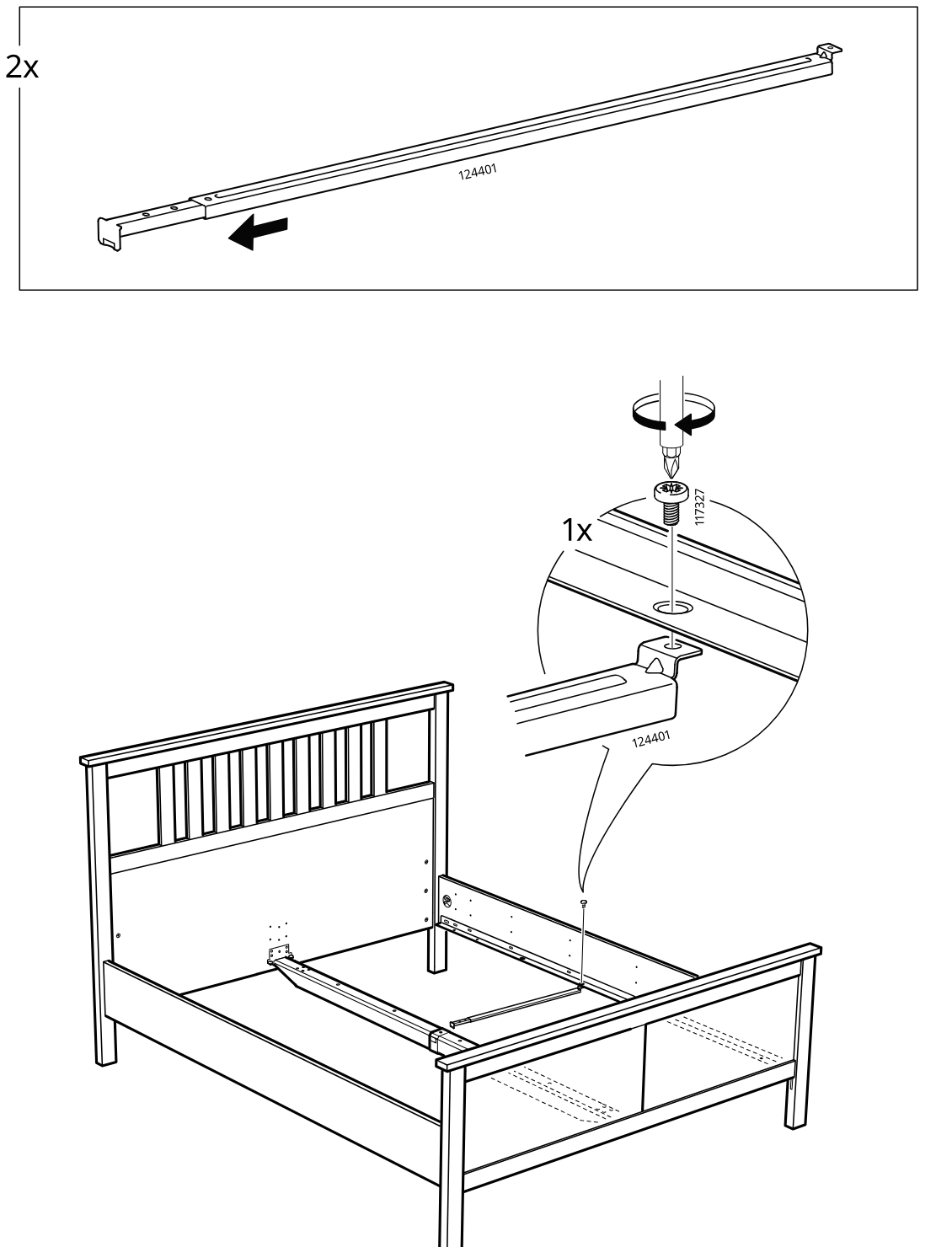 Diagram for step 25: Two rail parts are positioned between the bed frames and secured with one screw at the shown point using a screwdriver, as detailed in the zoom callout.