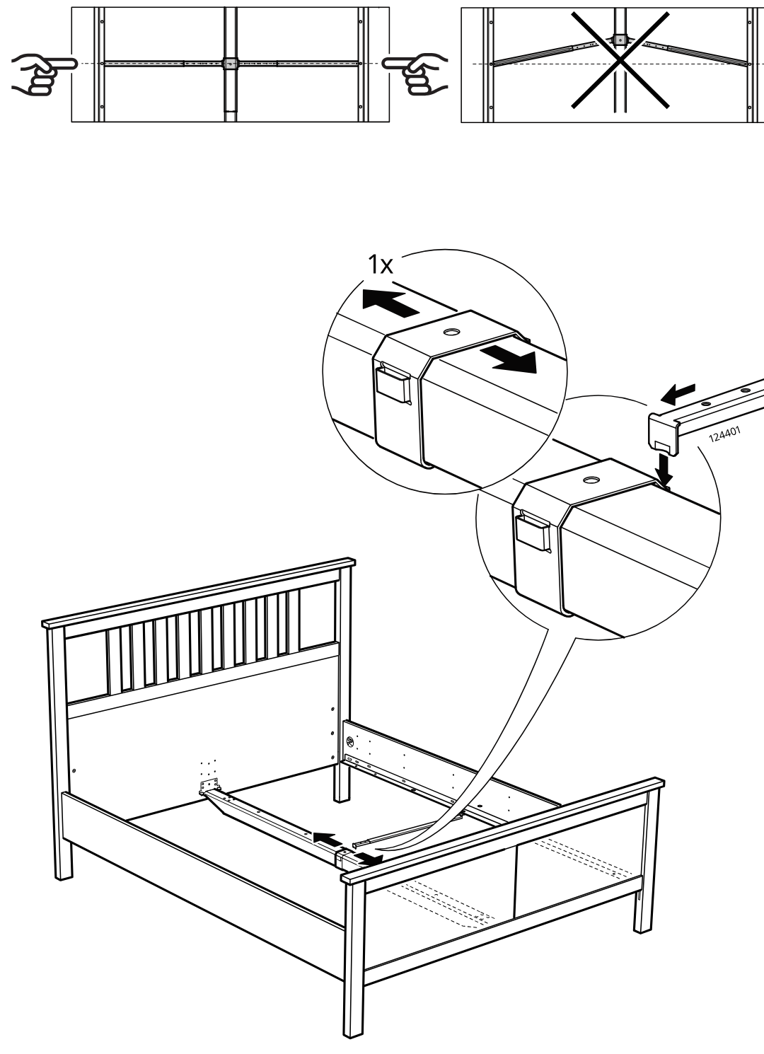 Diagram for step 26: Insert one clip piece (124401) onto the rail connection and slide the center rail assembly into position between the bed sides as shown.
