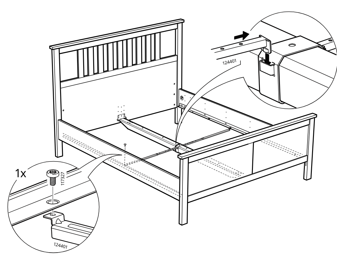 Diagram for step 27: The side rail is hooked into the corner bracket and one screw is inserted to secure the rail connection.