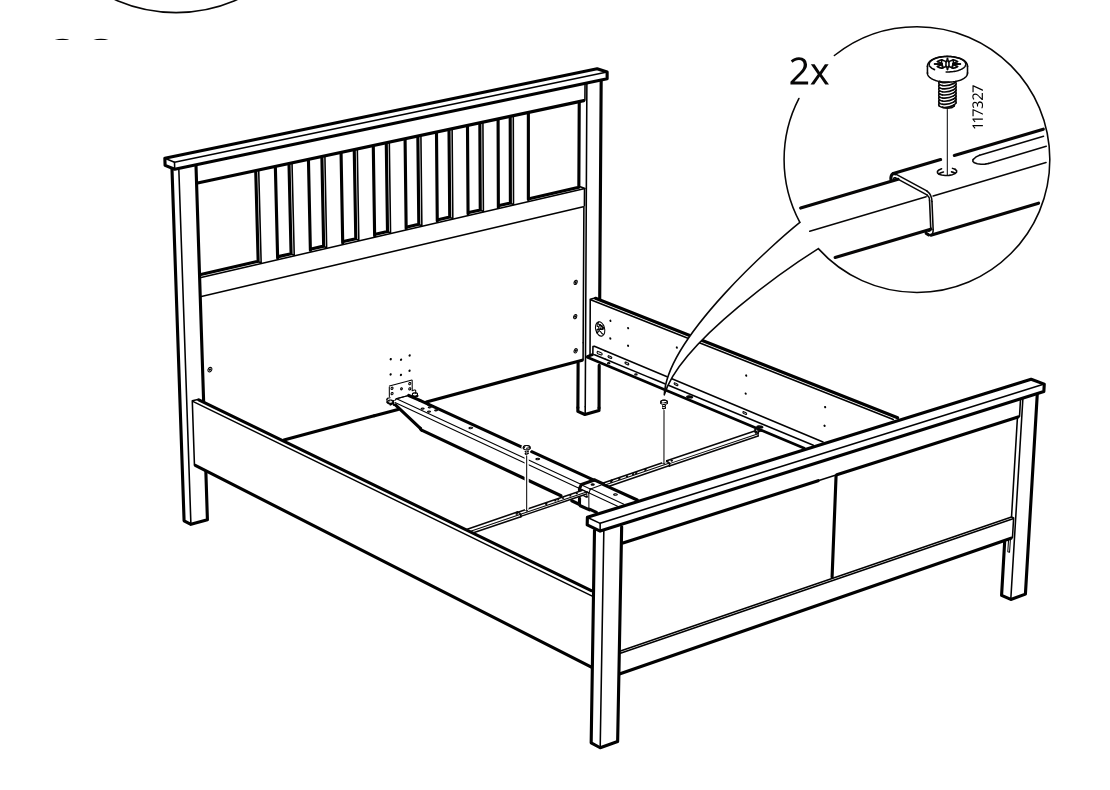 Diagram for step 28: Two screws are fastened into the rail from above to further secure the bed frame assembly.