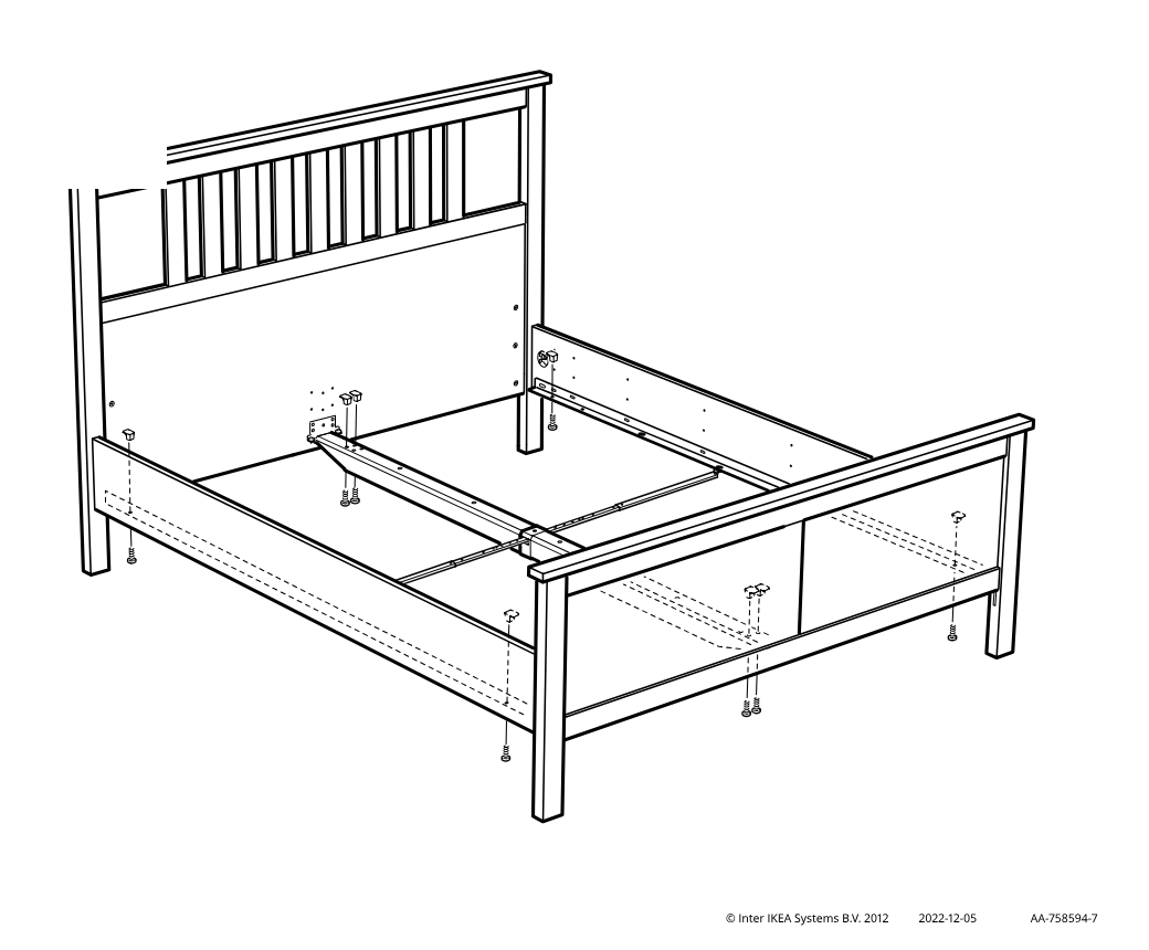 Diagram for step 29: The bed frame is assembled by fastening side rails and center support connections to the headboard and footboard with screws at the indicated points.