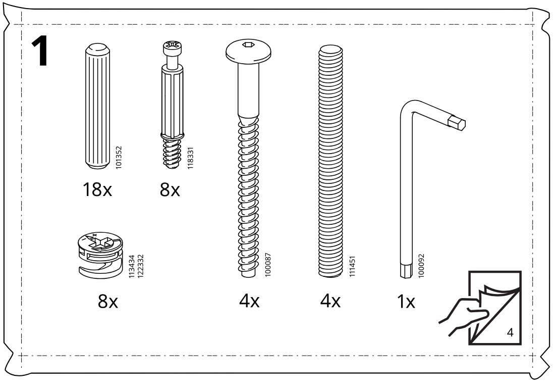 Illustration for assembly note: Parts-bag reference panel 1 showing included hardware and tool quantities for step set 1.