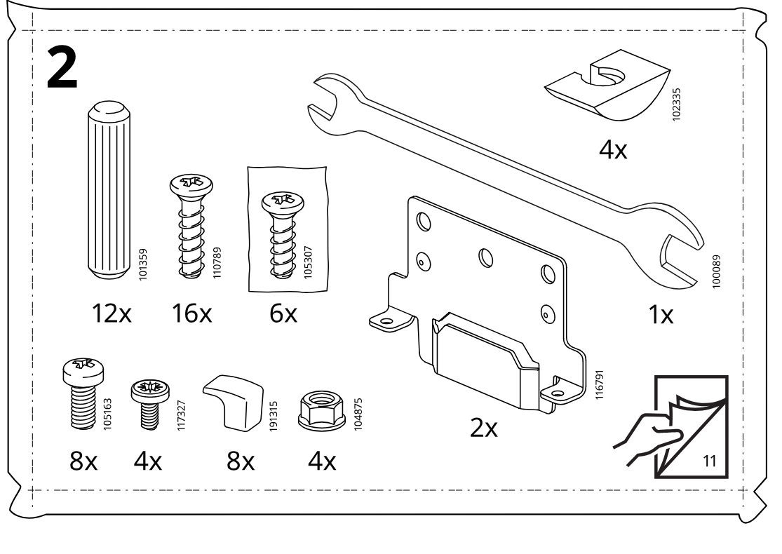 Illustration for assembly note: Parts-bag reference panel 2 showing included hardware, fittings, wrench, bracket, and quantities for step set 2.