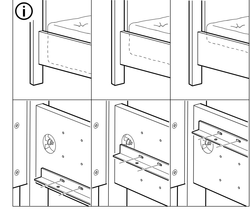 Illustration for assembly note: A standalone circled-i panel shows three close-up orientation/position examples for aligning and placing the side rail components on the bed frame.