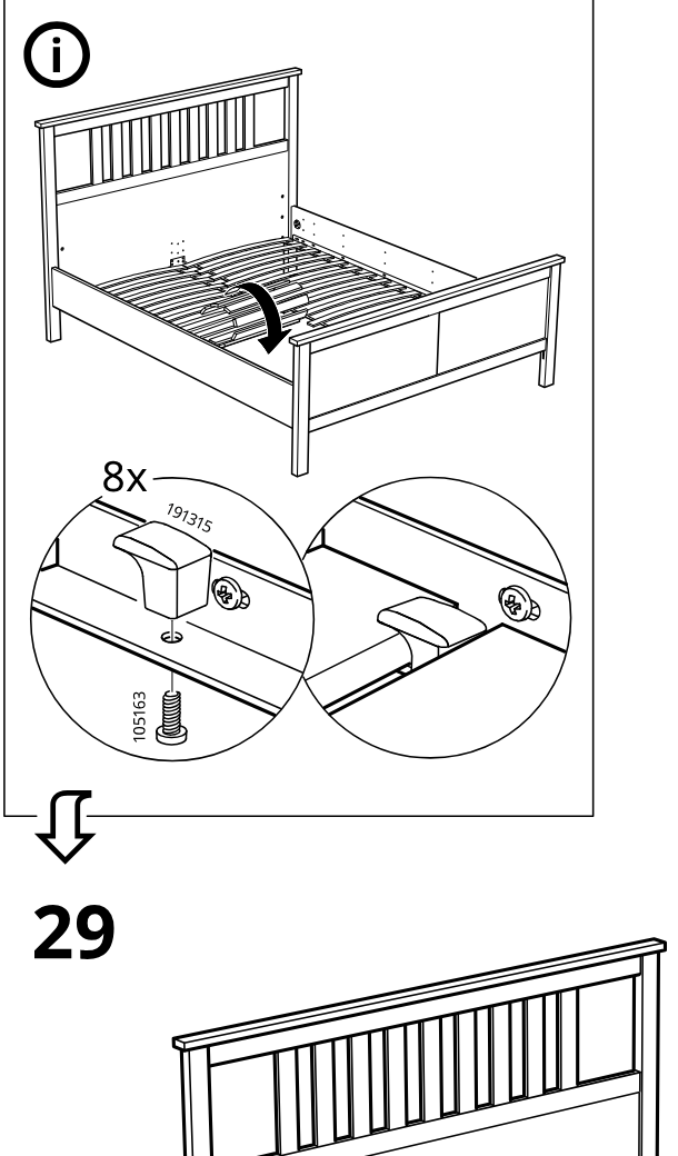 Illustration for assembly note: Information panel shows removing or releasing the slats using part 191315 and screw 105163 at 8 positions.