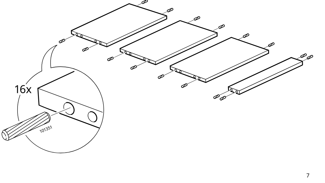 Diagram for step 1: Insert sixteen wooden dowels into the predrilled edge holes of the three large panels and one narrow panel, as shown in the zoom detail.