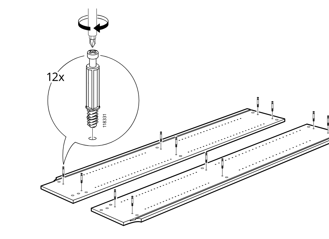 Diagram for step 2: Screw 12 cam bolts into the predrilled holes of the long panels with a screwdriver.