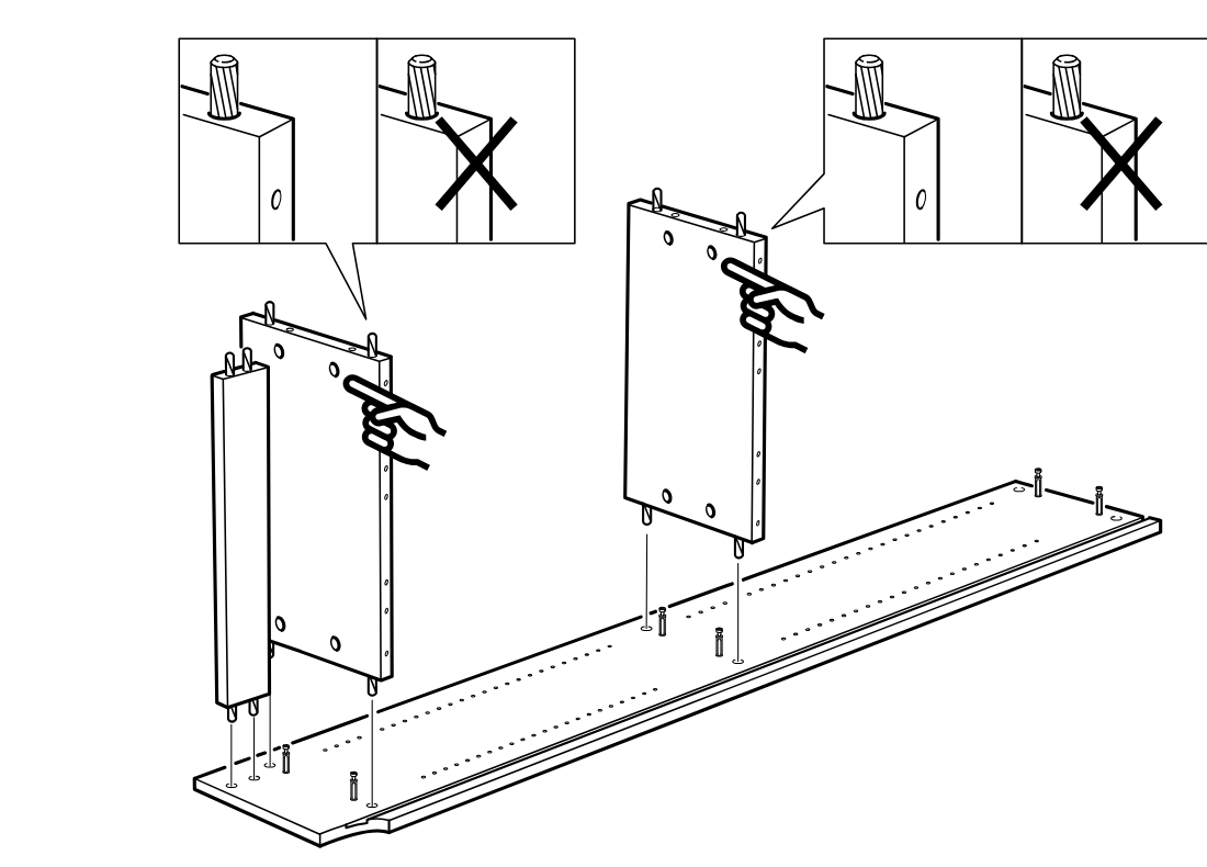 Diagram for step 3: Align the side panels with the dowels facing correctly and lower them onto the cam bolts in the long bottom panel.
