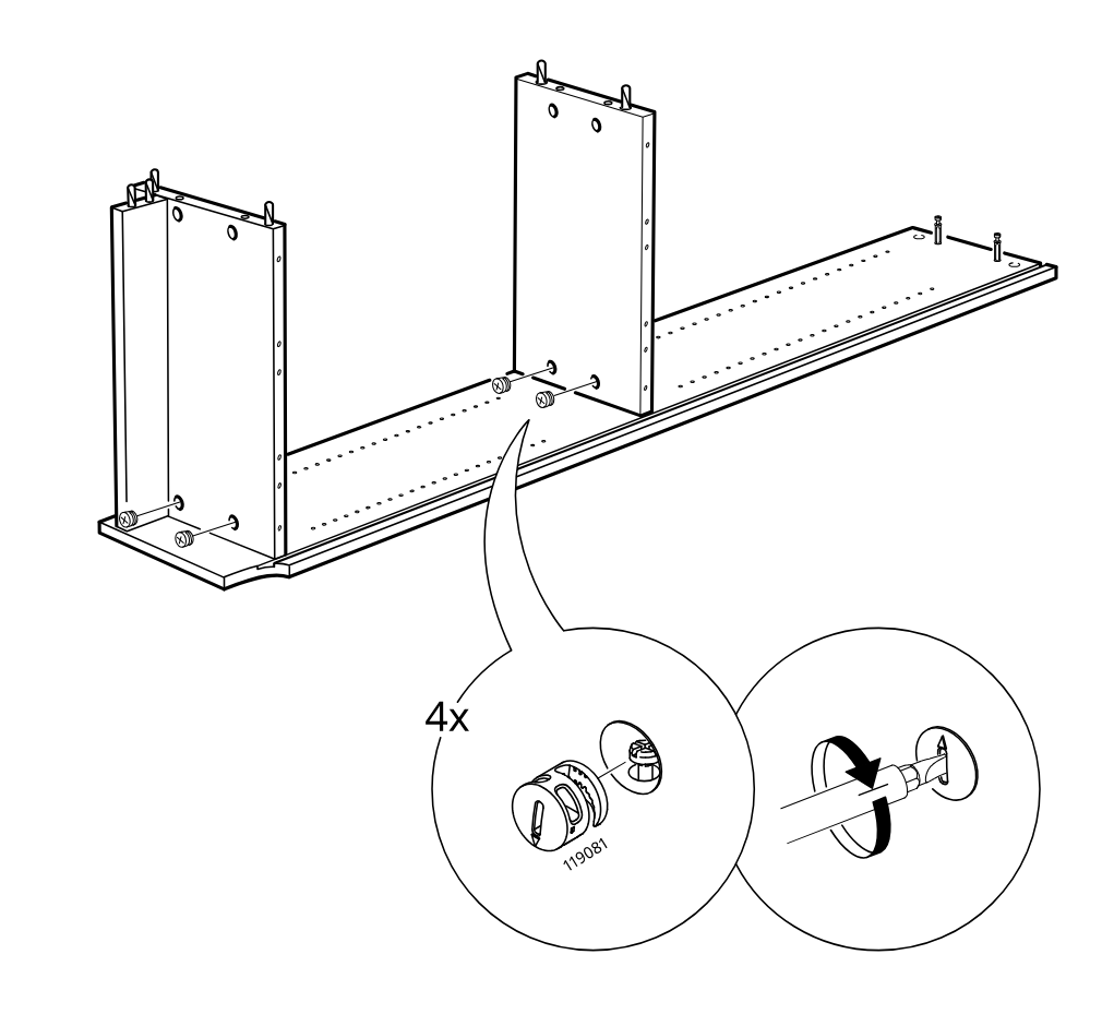 Diagram for step 4: Two vertical panels are positioned onto the long base panel and four cam locks are inserted and turned to secure the connections, with zoom callouts showing the cam part and locking direction.