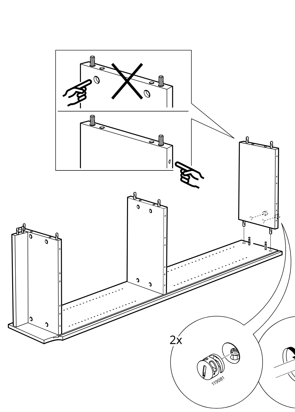 Diagram for step 5: Three vertical panels are positioned onto the base panel with dowels aligned correctly, then two cam locks (119081) are inserted and turned to secure the right panel.