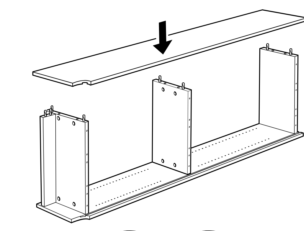 Diagram for step 6: Place the top panel down onto the three upright panels and base assembly.