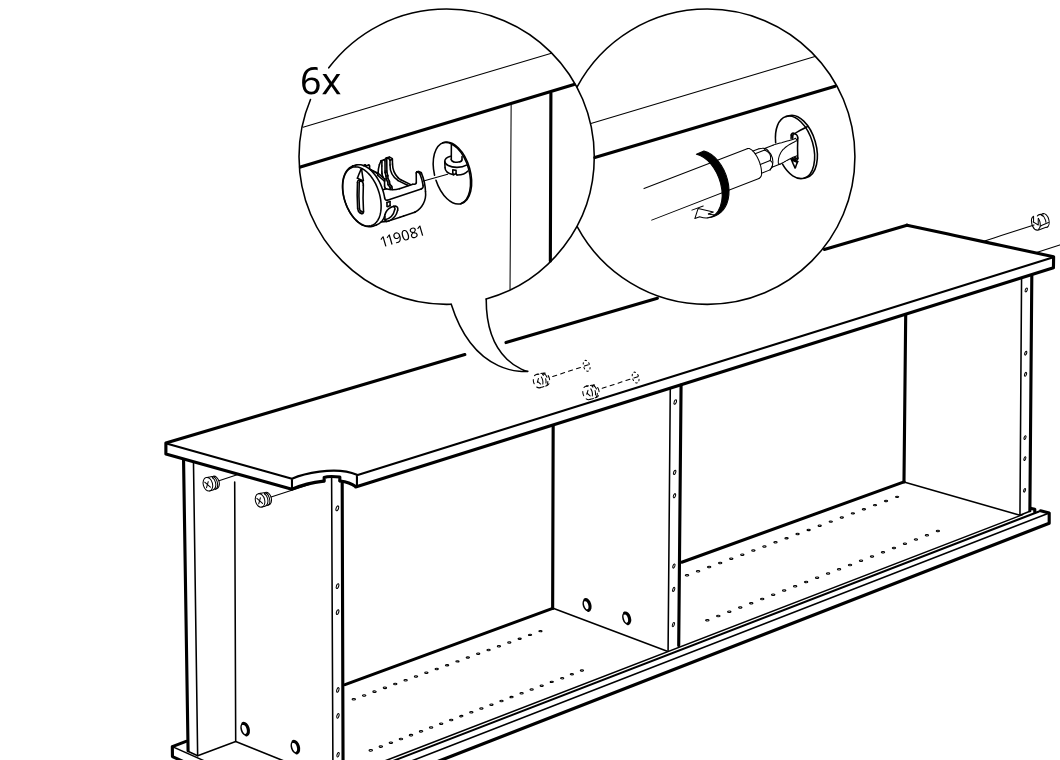 Diagram for step 7: Insert and turn six cam locks to secure the top panel to the side and center panels.