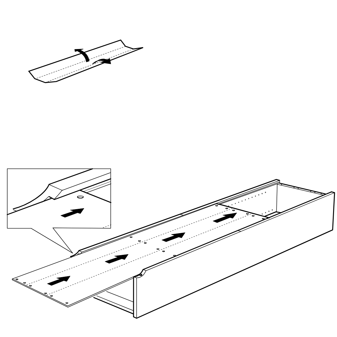 Diagram for step 8: Fold the long panel along its scored line and slide it forward into the cabinet frame, aligning the edge detail as shown in the zoom inset.