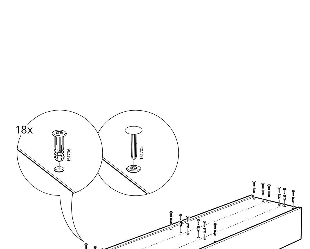 Diagram for step 9: Insert 18 plastic plugs and cover caps into the row of top holes along the long panel, following the two zoomed insertion details.