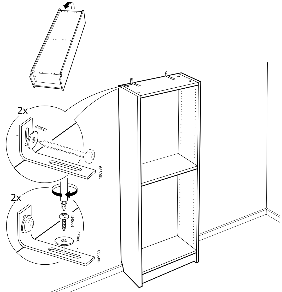 Diagram for step 10: The cabinet is positioned upright against the wall and two wall brackets are attached and tightened at the top using the shown screws and round fasteners.