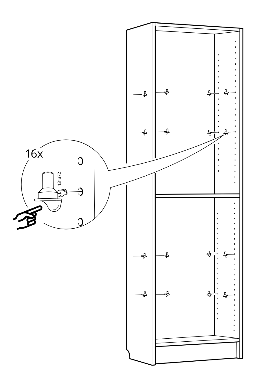 Diagram for step 11: Press 16 shelf support pins part 131372 into the side panel holes inside the cabinet, as shown in the zoom callout and distributed across both upper and lower sections.