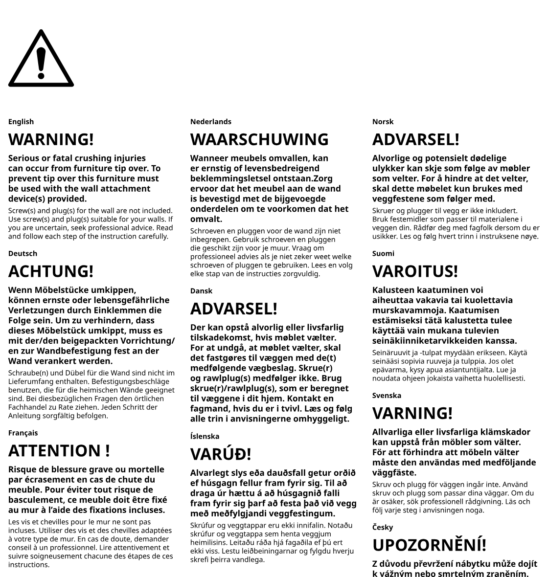 Illustration for safety warning: Multilingual anti-tip-over safety warning page with a large warning symbol and text explaining that the furniture must be attached to the wall using suitable wall fasteners.