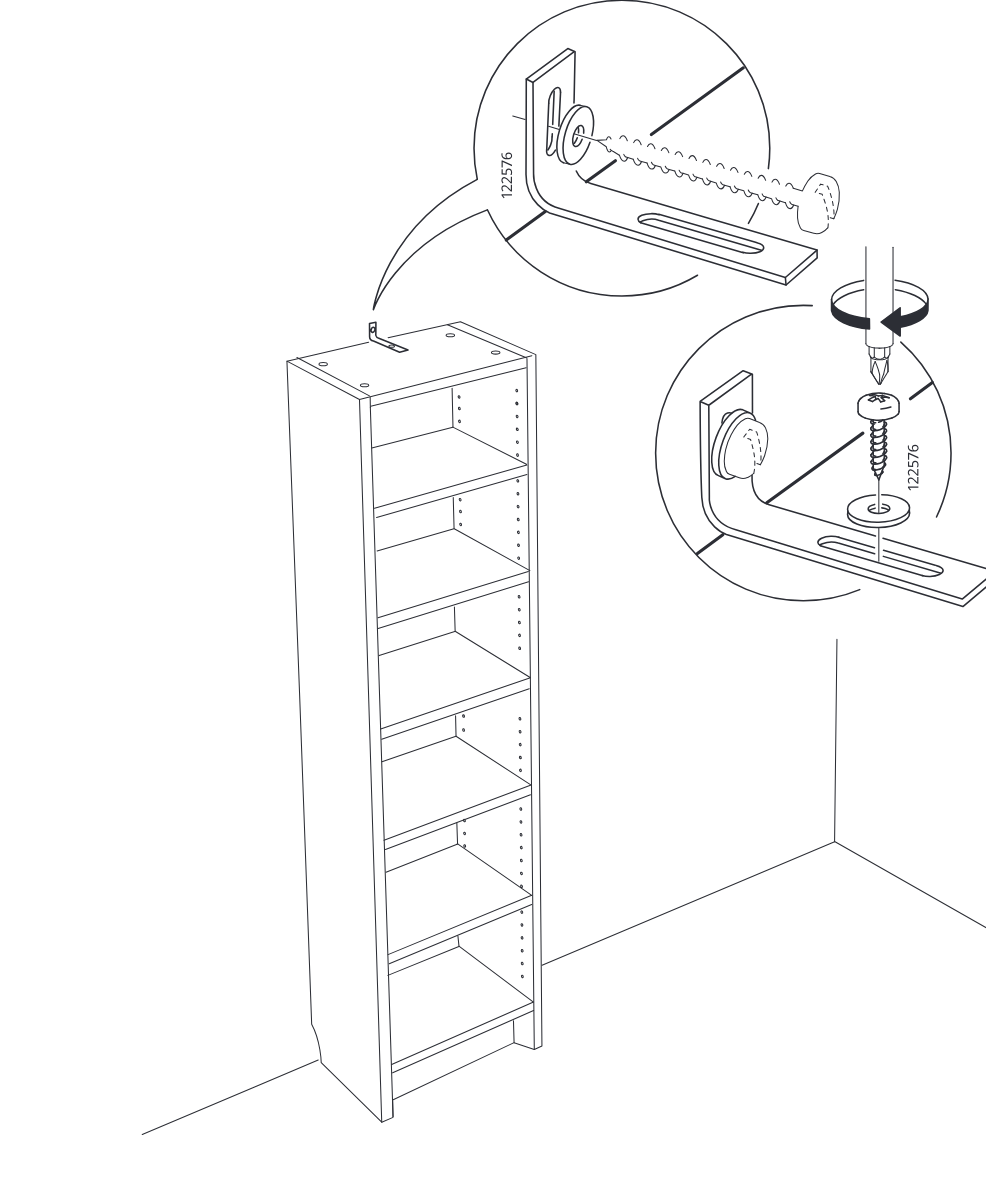 Diagram for step 1: Attach the anti-tip wall bracket to the top of the tall cabinet and secure it to the wall using a suitable screw and washer through the slotted bracket hole.