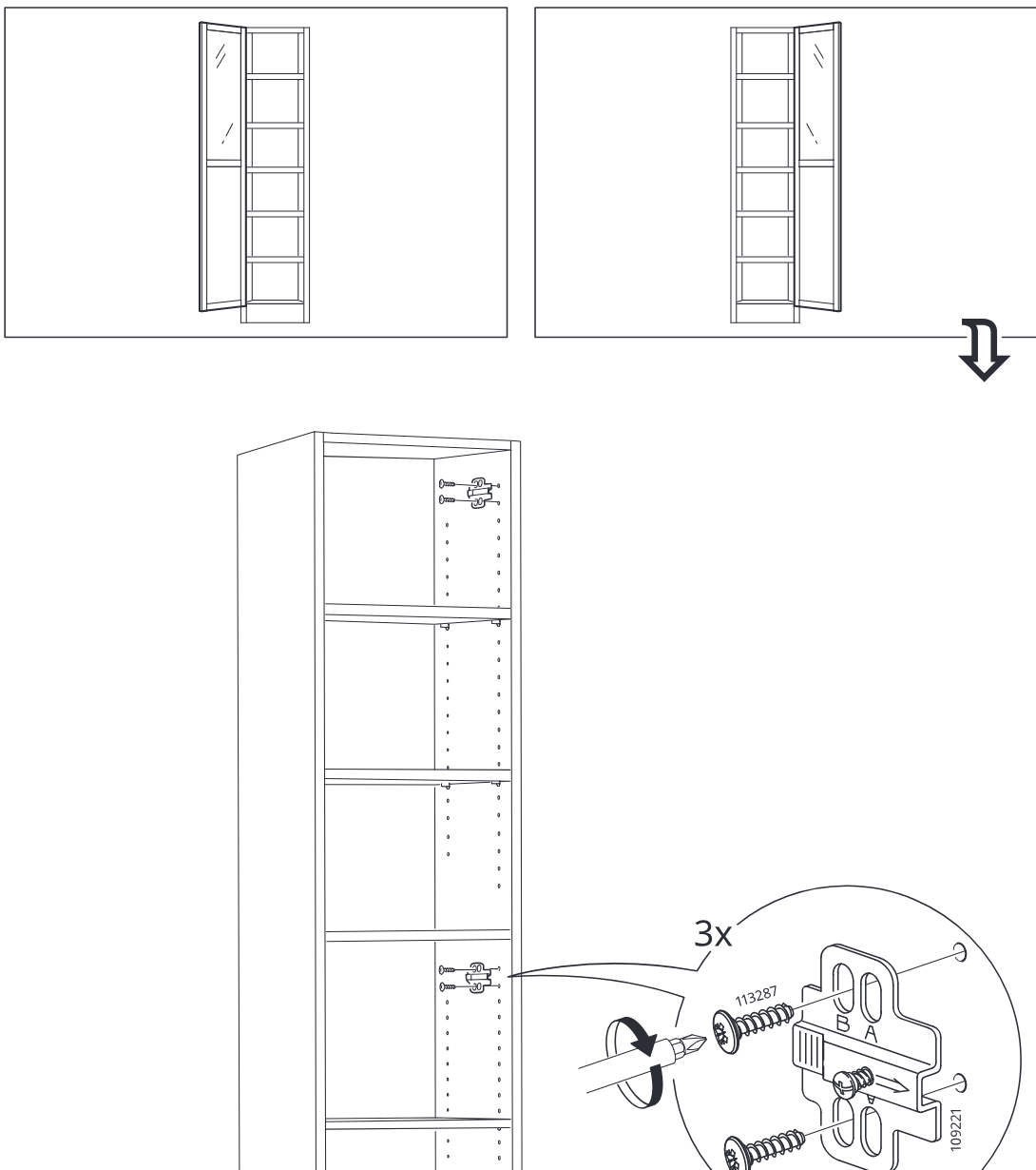 Diagram for step 2: The assembler screws three mounting plates onto the inside front row of holes of the tall cabinet, using the chosen left- or right-hand door orientation shown above.