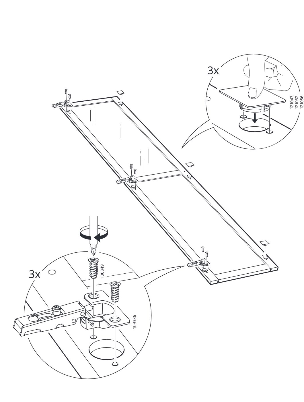 Diagram for step 3: Three hinge mounting plates and cover caps are positioned on the long panel, the plates are fastened with screws, and the caps are pressed into the large holes.