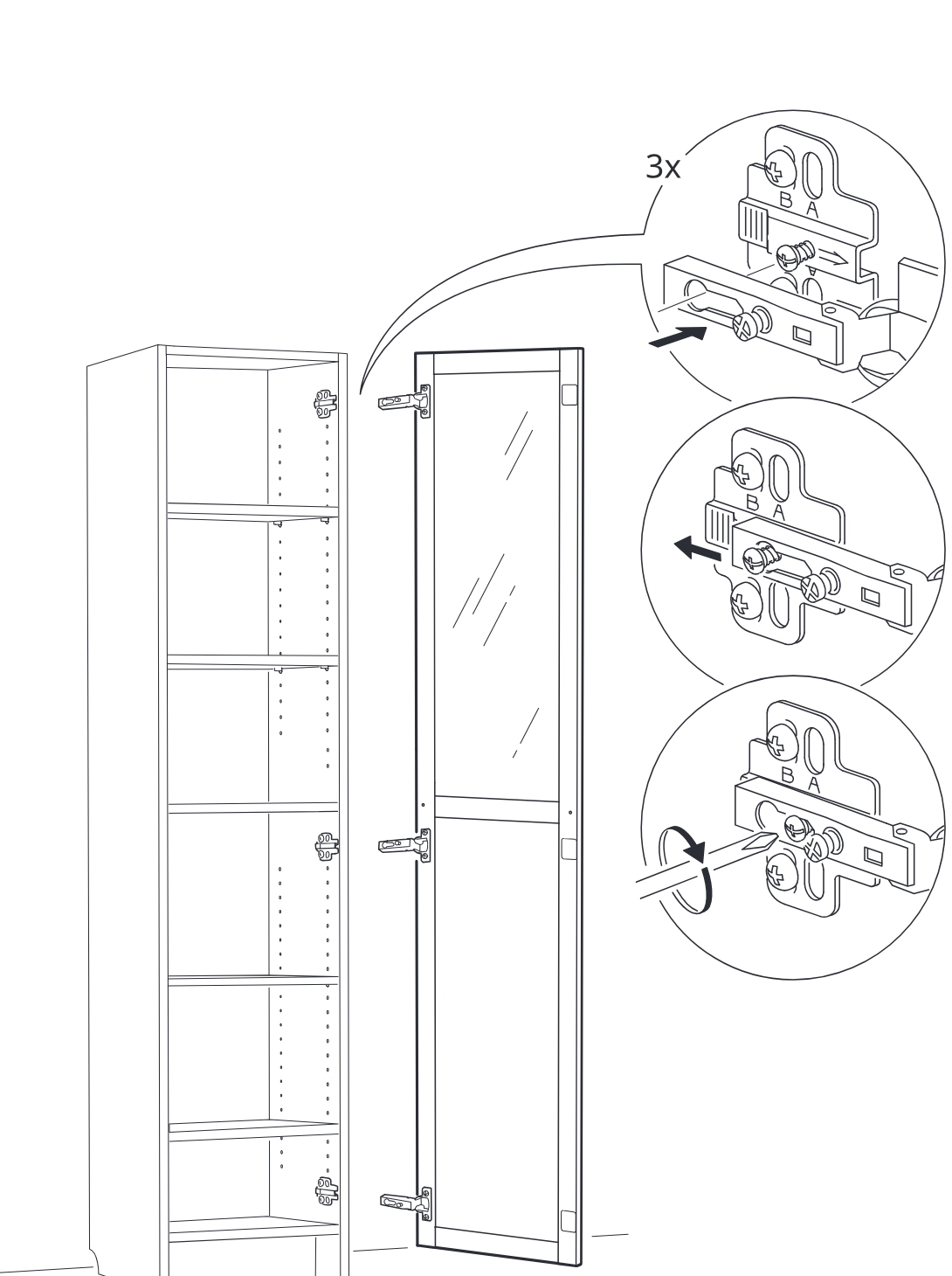 Diagram for step 4: Align the three door hinges with the cabinet mounting plates, slide each hinge onto its plate, and tighten the locking screw to secure the door.