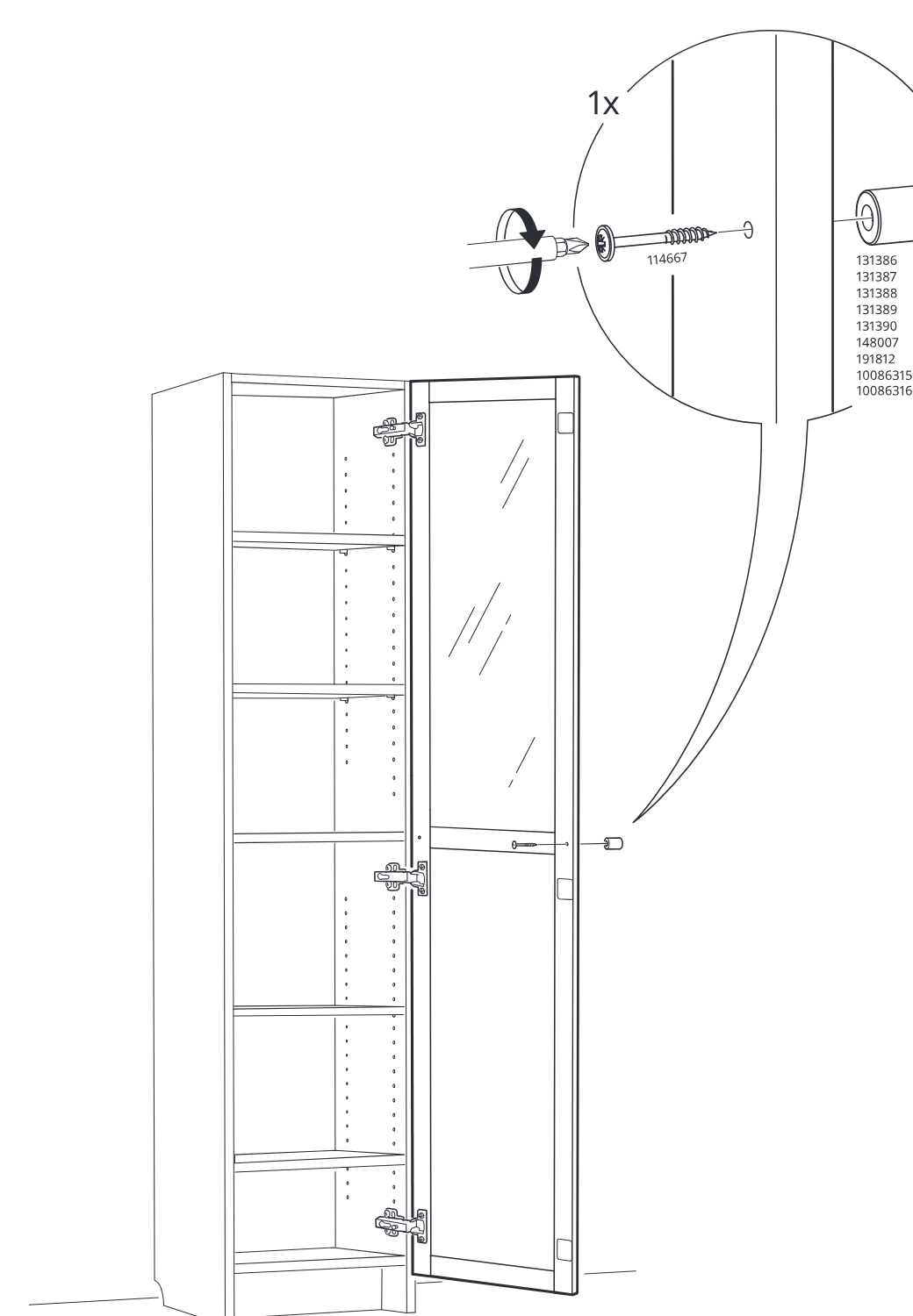 Diagram for step 5: The installer inserts and tightens one screw through the cabinet side into the door-side buffer/stop piece using a screwdriver, as shown by the magnified callout.