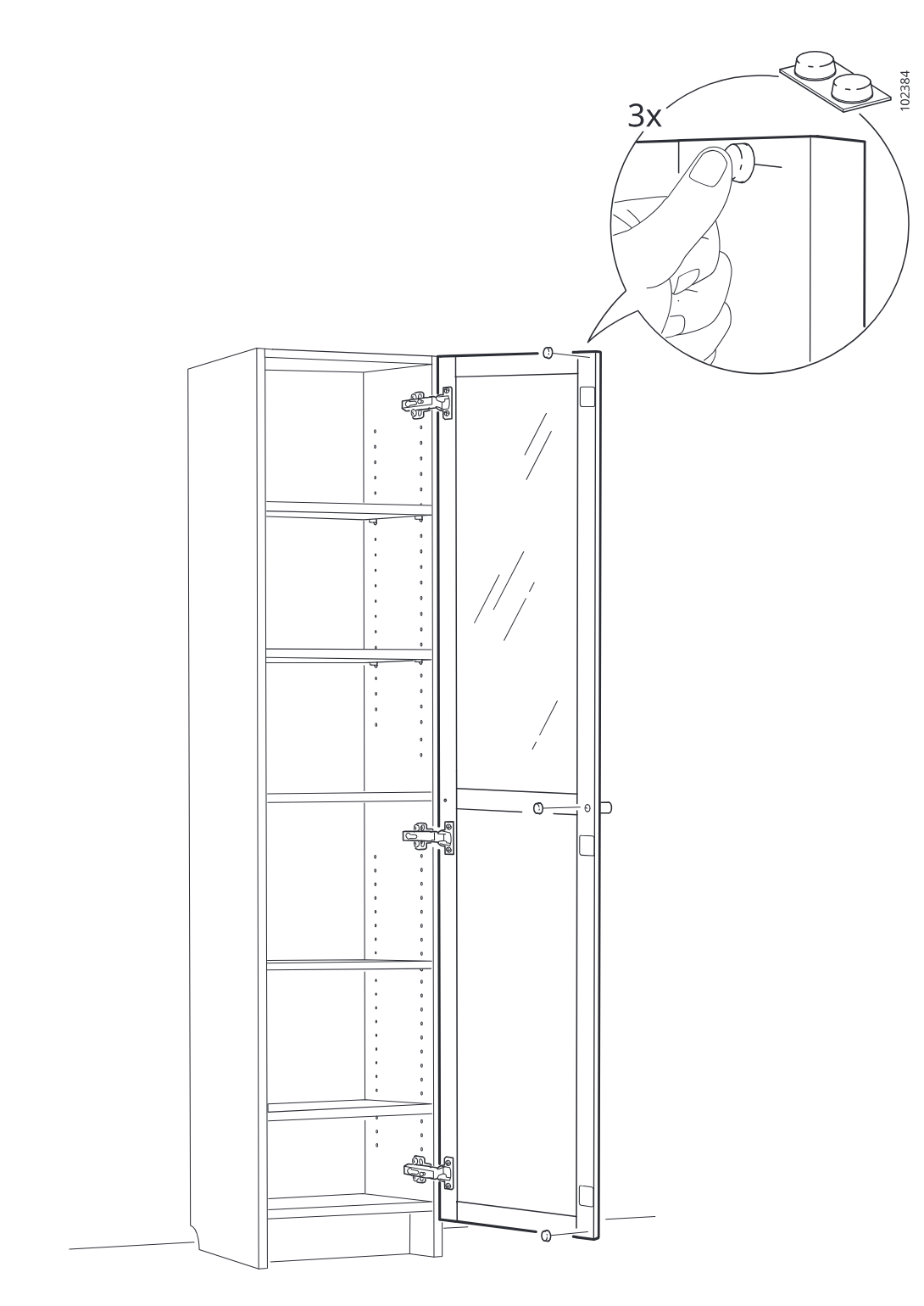 Diagram for step 6: Place three adhesive bumpers on the cabinet frame where the door meets it, as shown by the zoom callout, with the mirrored door open on its hinges.