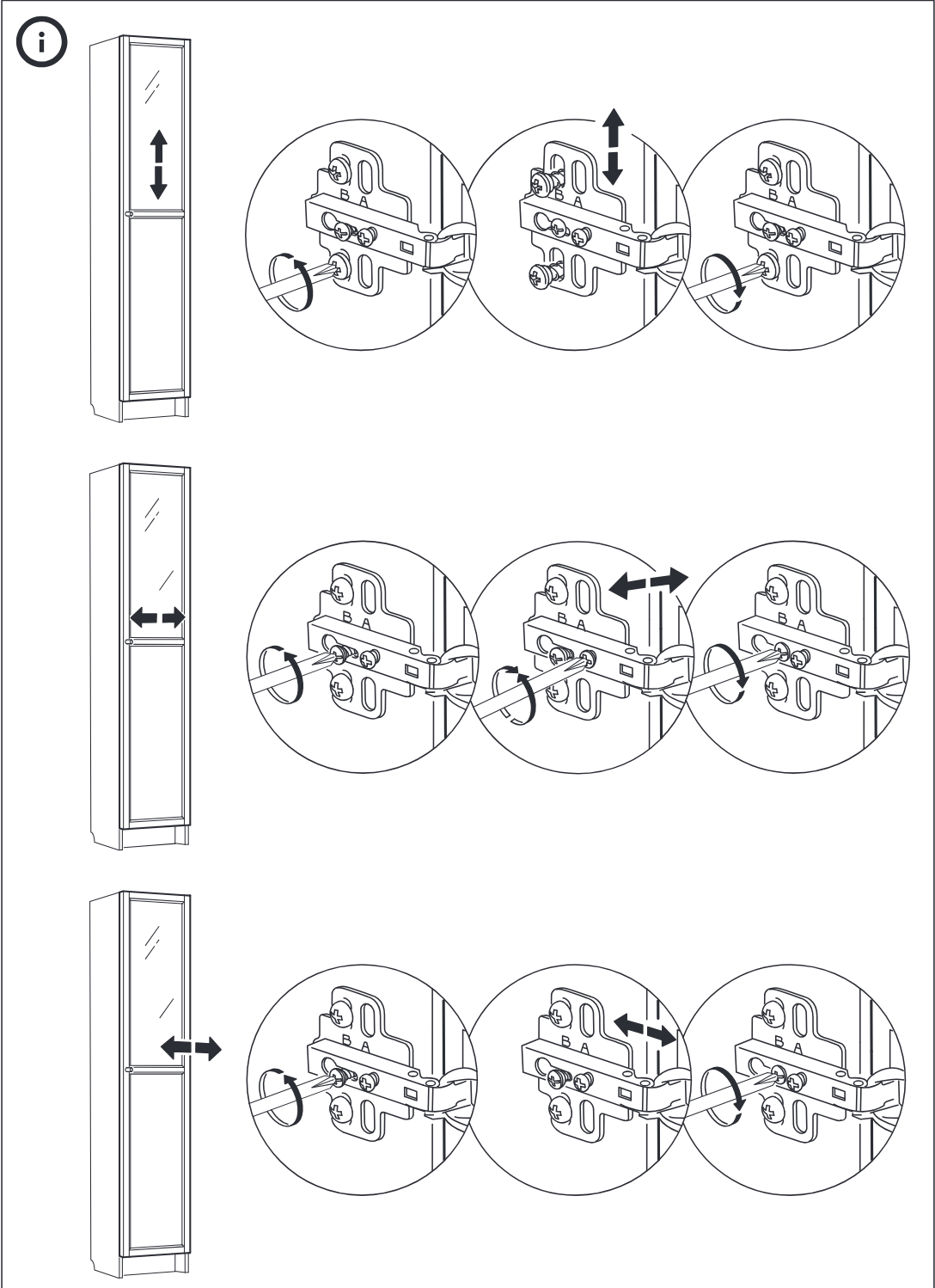 Illustration for assembly note: Standalone information panel showing how to adjust a tall cabinet door hinge: top row adjusts the door up/down, middle row adjusts it left/right, and bottom row adjusts depth in/out using the hinge screws.