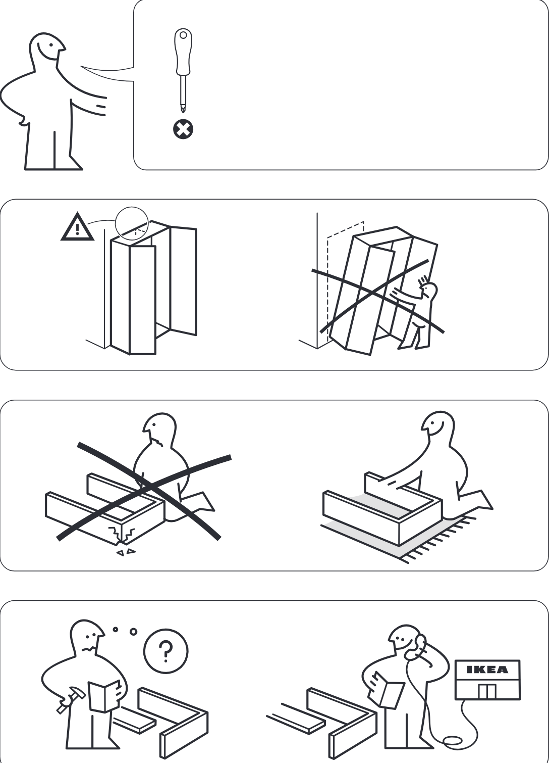 Illustration for assembly note: Preparation and safety panels showing a Phillips screwdriver is needed, the tall unit must not be assembled or moved upright alone, assembly should be done on a soft surface to avoid damage, and to contact IKEA if parts are missing or help is needed.