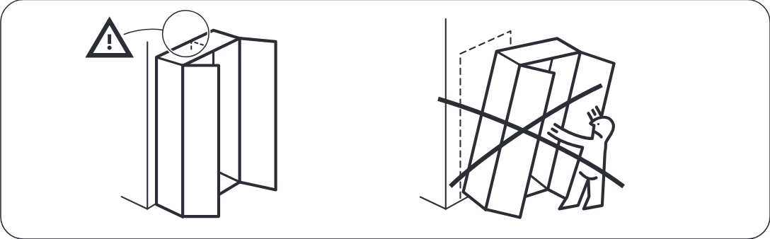 Illustration for assembly note: Two bordered safety panels show that tall furniture must not stand unsecured and must not be pushed while tipping; it should be fixed to the wall to prevent tip-over.